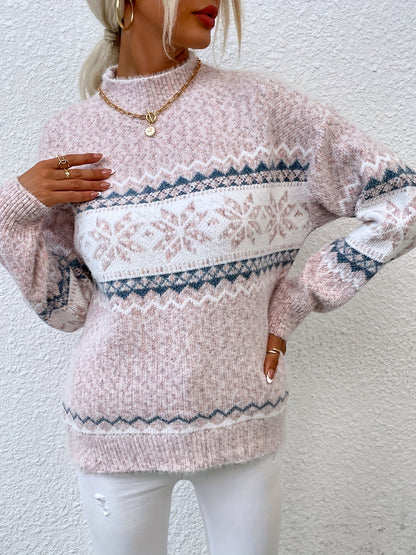 Kessoro women's snowflake mock-neck knit sweater in grey, pink or blue, view 13 of 23