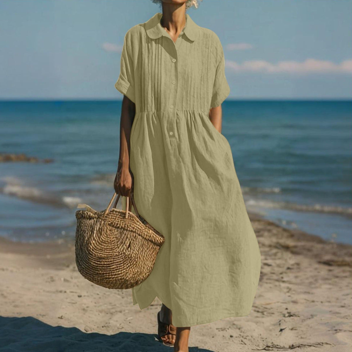 Kessoro women's pleated collared short-sleeve maxi dress in white, light blue, pink and sage green