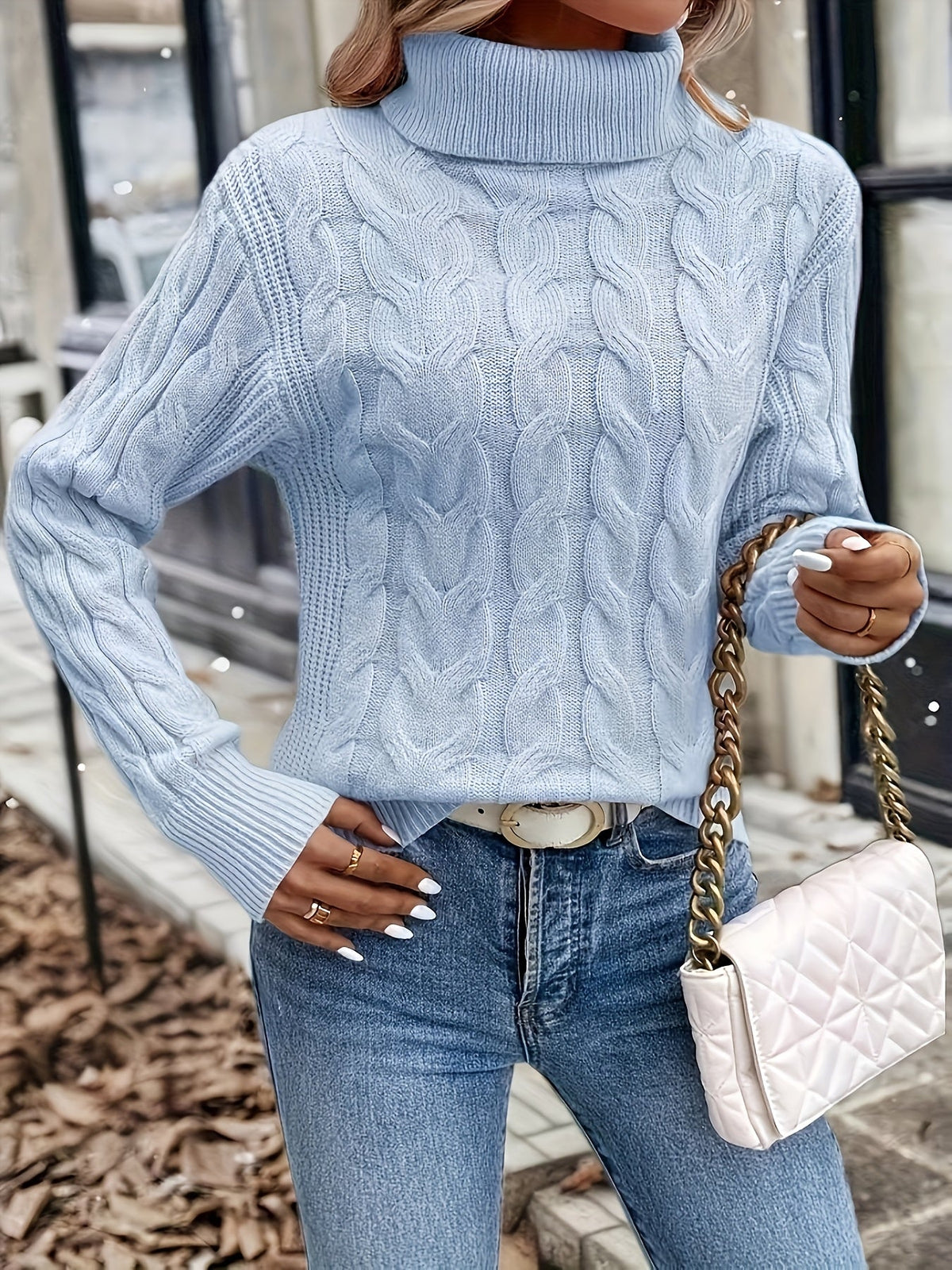 Kessoro women's cable-knit turtleneck sweater in red, black, grey, royal blue, violet, white and pink - product view 29