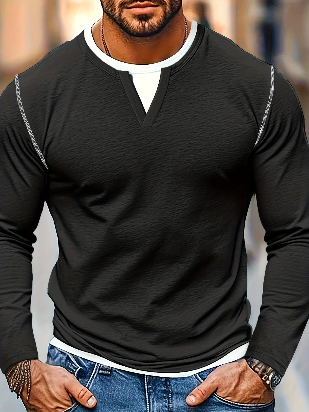 Men's notch-neck contrast-stitch henley shirt in black, side view