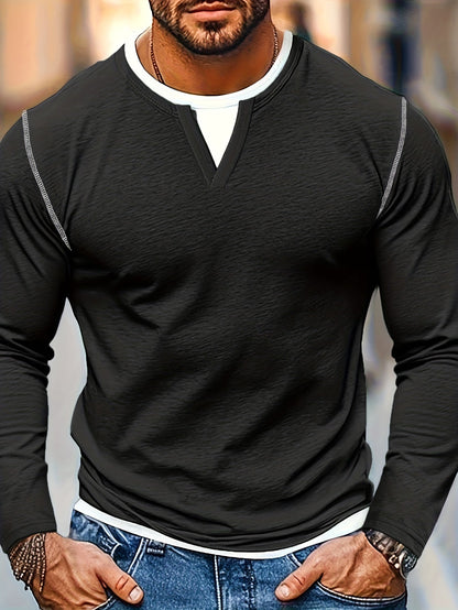 Men's notch-neck contrast-stitch henley shirt in black, side view