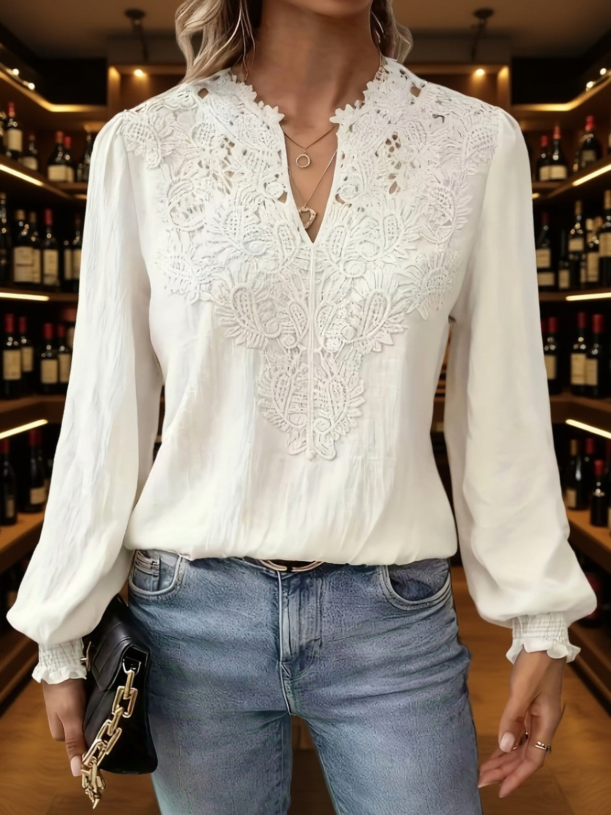 Kessoro women's embroidered V-neck lantern-sleeve blouse in white and light blue – view 1