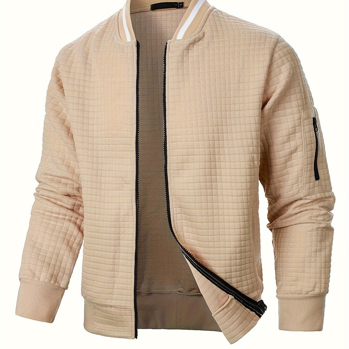 Men's textured stand-collar zip-up bomber jacket in khaki, black, dark gray, military green, navy and burgundy, front view