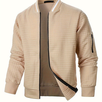 Men's textured stand-collar zip-up bomber jacket in khaki, black, dark gray, military green, navy and burgundy, front view