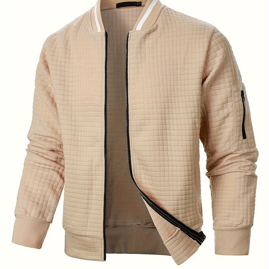 Men's textured stand-collar zip-up bomber jacket in khaki, black, dark gray, military green, navy and burgundy, front view