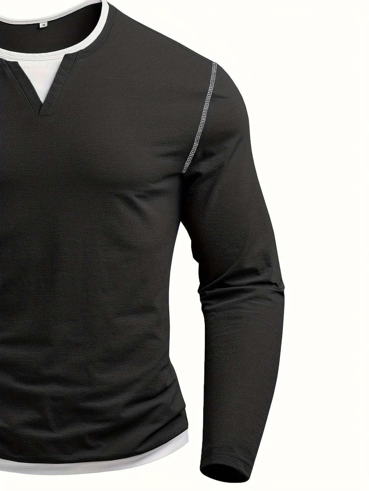 Men's notch-neck contrast-stitch henley shirt in black, styled view