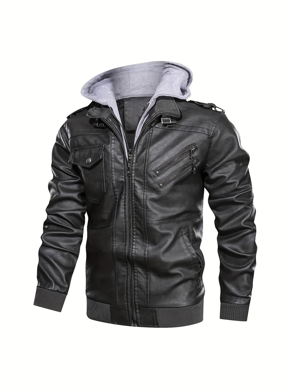Kessoro men's hooded moto biker jacket in black, dark grey or coffee brown, view 12 of 30