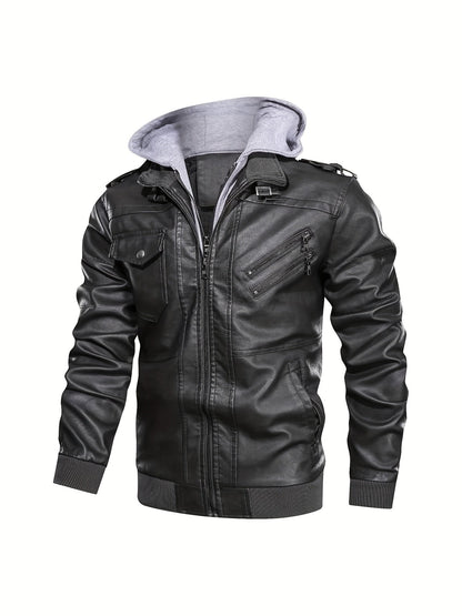 Kessoro men's hooded moto biker jacket in black, dark grey or coffee brown, view 12 of 30