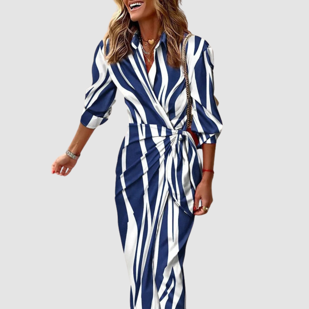 Kessoro women's elegant striped midi dress in orange and pink, dark blue, light blue and multicolor colorways - women's dresses