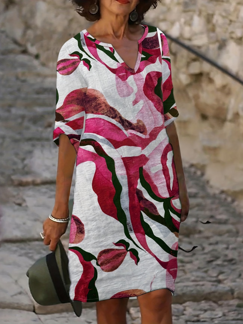 Kessoro women's artful hand-painted print relaxed summer dress in yellow, blue, green and pink