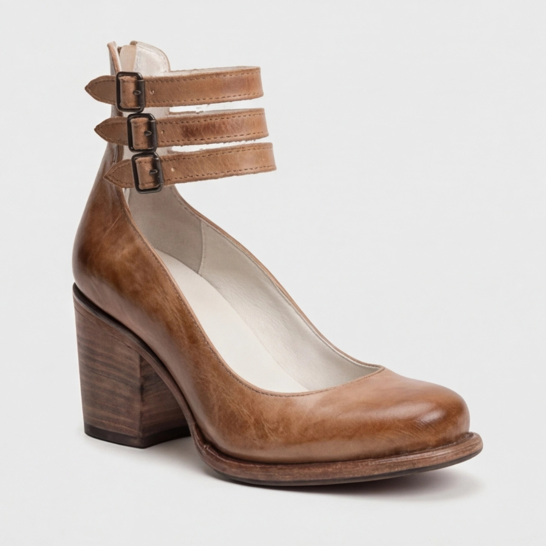 Women's light brown retro ankle-strap heels