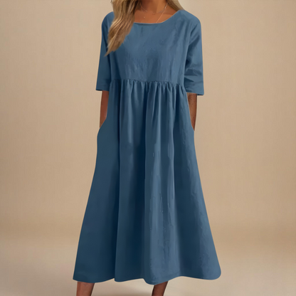 Women's round neck A-line midi dress in blue, pink, green, black, gray and white