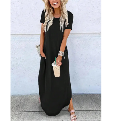 Kessoro women's round-neck casual summer maxi dress in gray, blue, emerald, black and striped prints