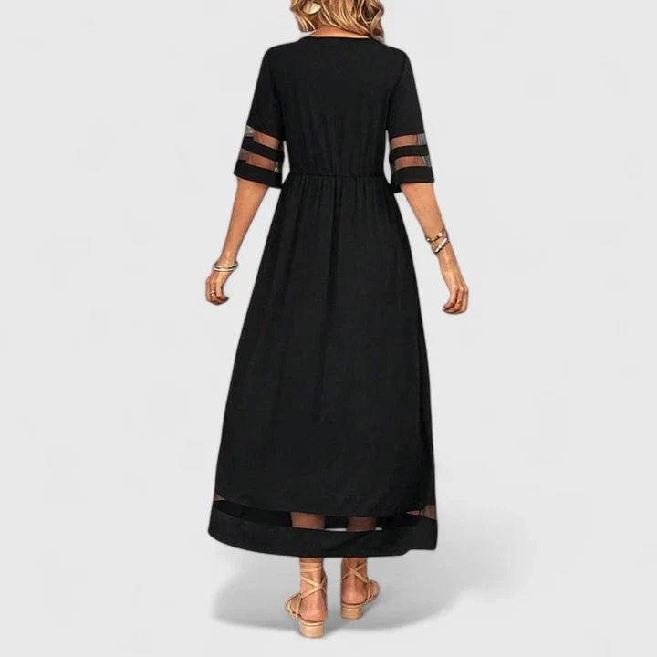 Women's empire waist midi dress with round neck and mid sleeves in black, red and green