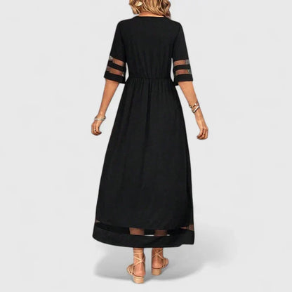 Women's empire waist midi dress with round neck and mid sleeves in black, red and green