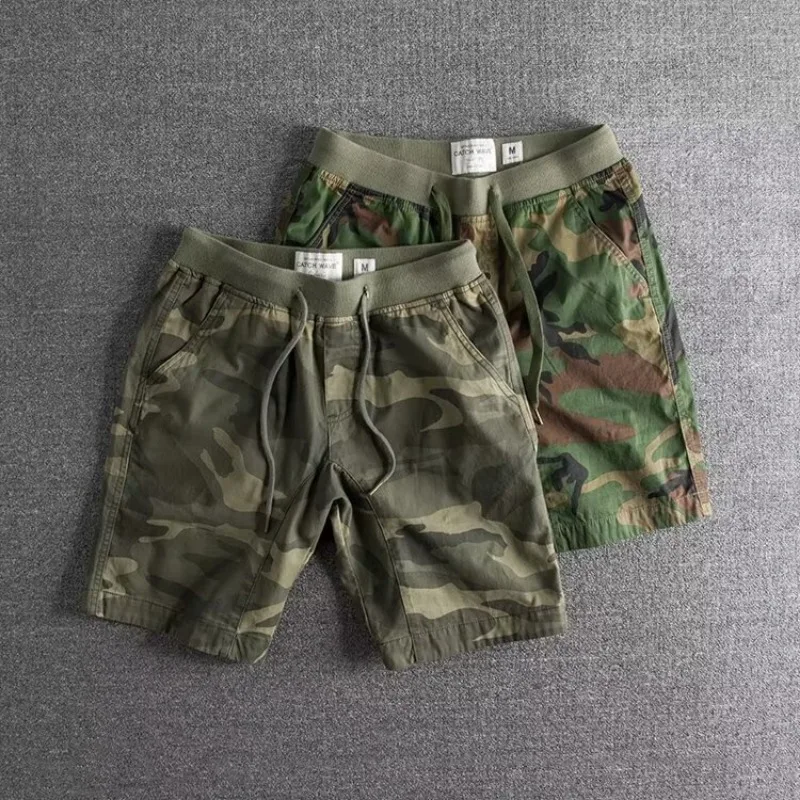 Kessoro Men's Camo Print Drawstring Relaxed Shorts in dark forest and military green — back view