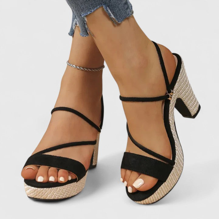 Women's lace chunky block heels in black and white