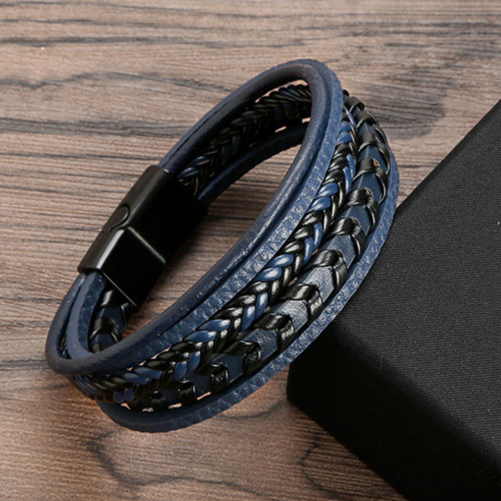 Kessoro men's braided Norse-inspired magnetic clasp bracelet in blue, brown and black