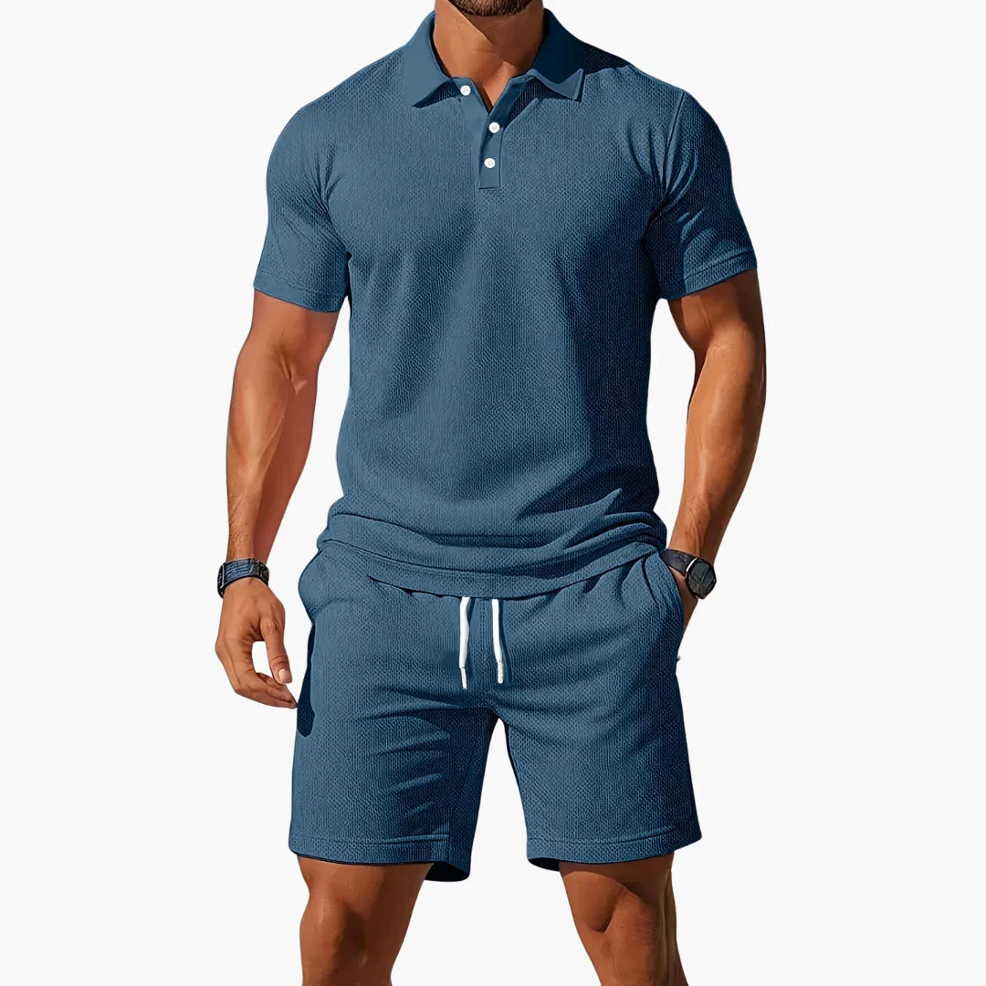 Men's summer polo and shorts two-piece set in blue, grey, orange and black tones, shown for menswear styling
