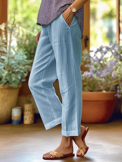 Women's straight cut cropped casual trousers in white, black, grey, blue, green and khaki