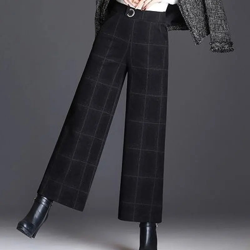 Kessoro Women's Checked High-Waist Wide-Leg Trousers in plaid black, solid black and houndstooth gray — back view