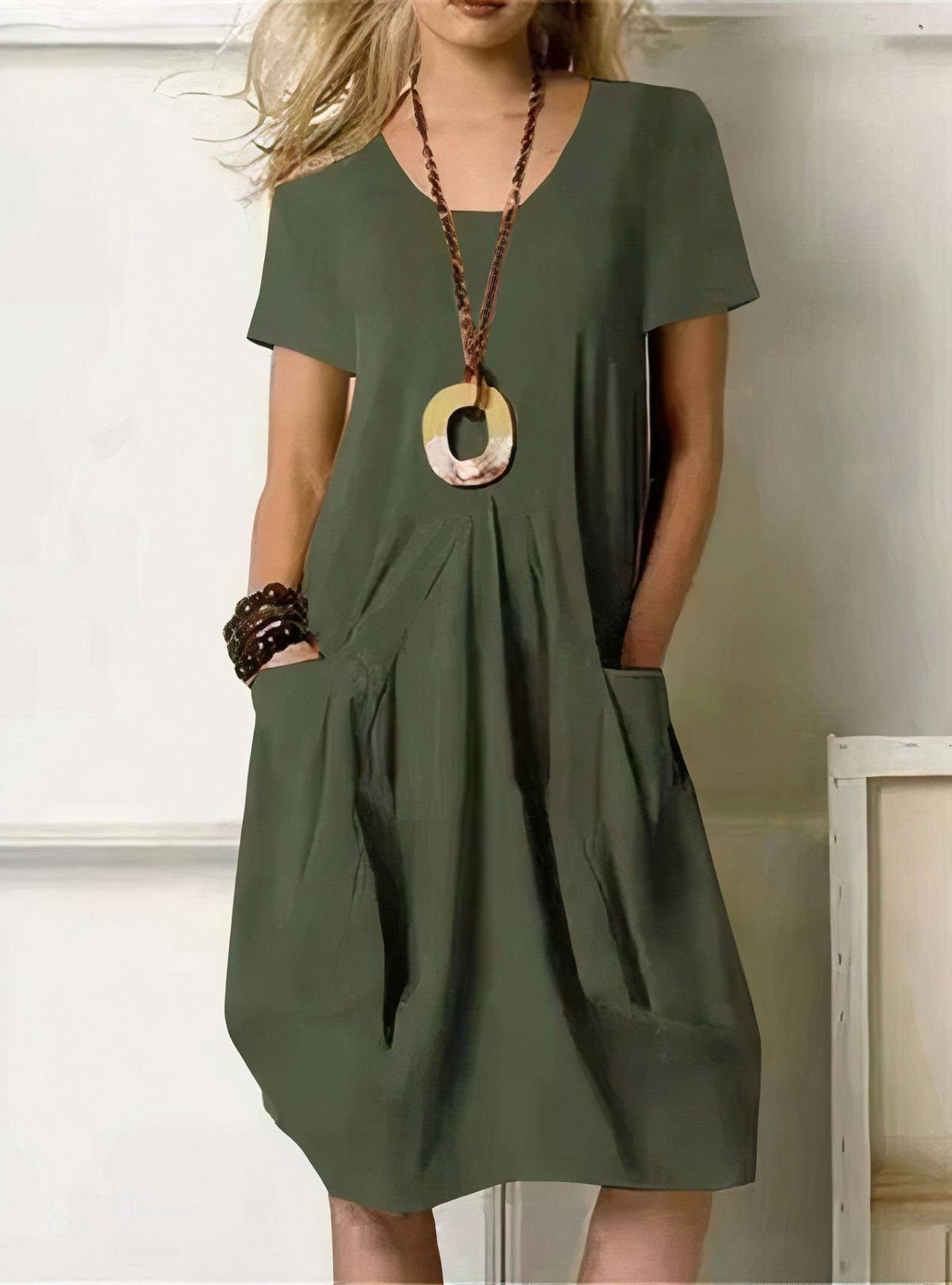 Women's cotton A-line casual midi dress with pockets in black, orange, green or beige