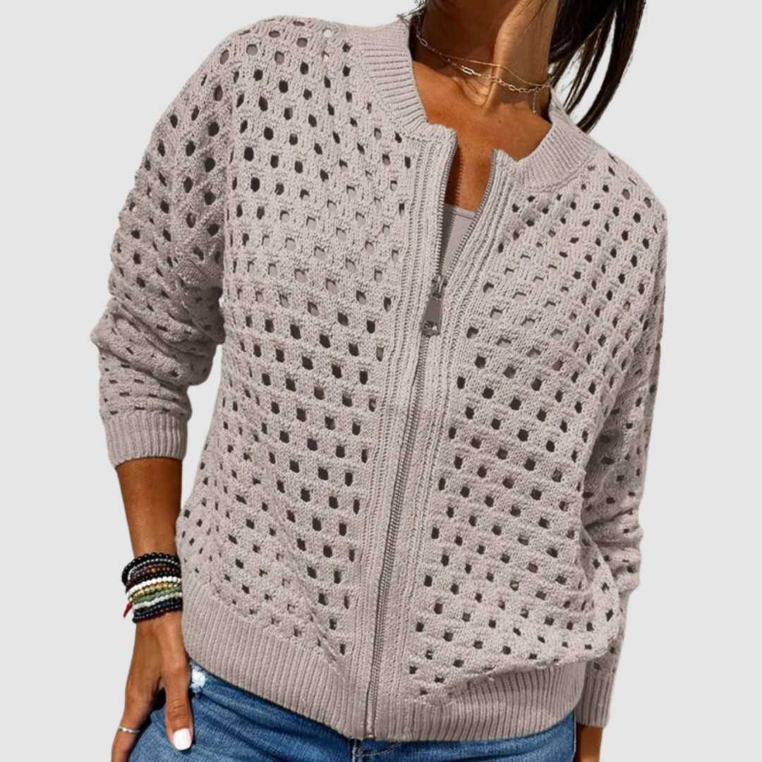 Women's open-knit zip-front cardigan in neutral and jewel-tone colorways