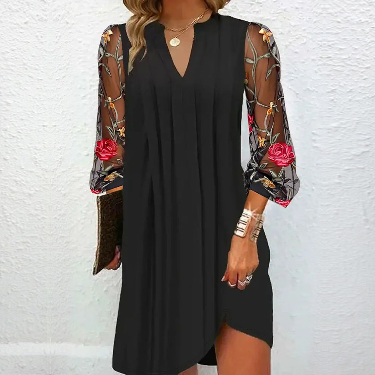 Kessoro women's embroidered floral sleeve V-neck dress in a black colorway - women's dresses
