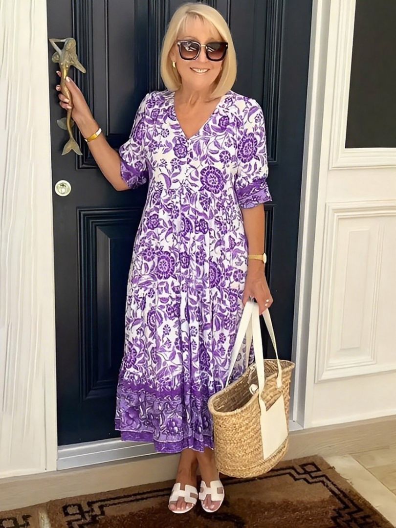 Women's graceful V-neck floral print dress in blue, brown, pink, violet and green