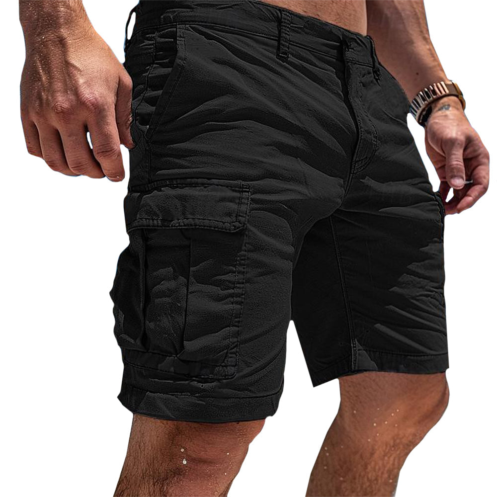 Men's classic utility cargo shorts in grey, khaki, dark green and black, shown for menswear styling