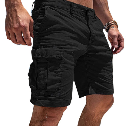 Men's classic utility cargo shorts in grey, khaki, dark green and black, shown for menswear styling