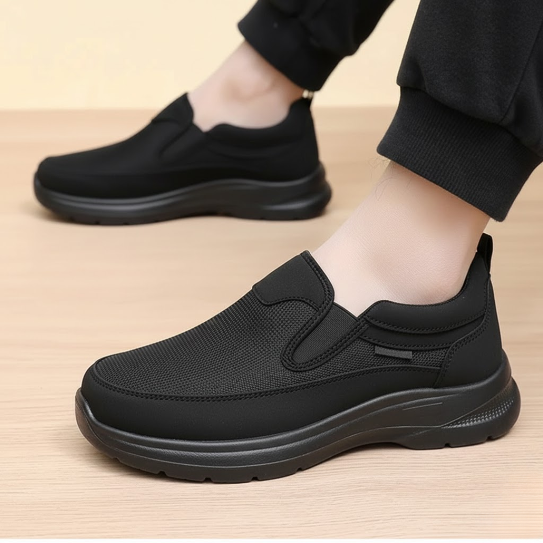 Kessoro unisex slip-on cushioned comfort sneakers in black and grey, laceless everyday shoes