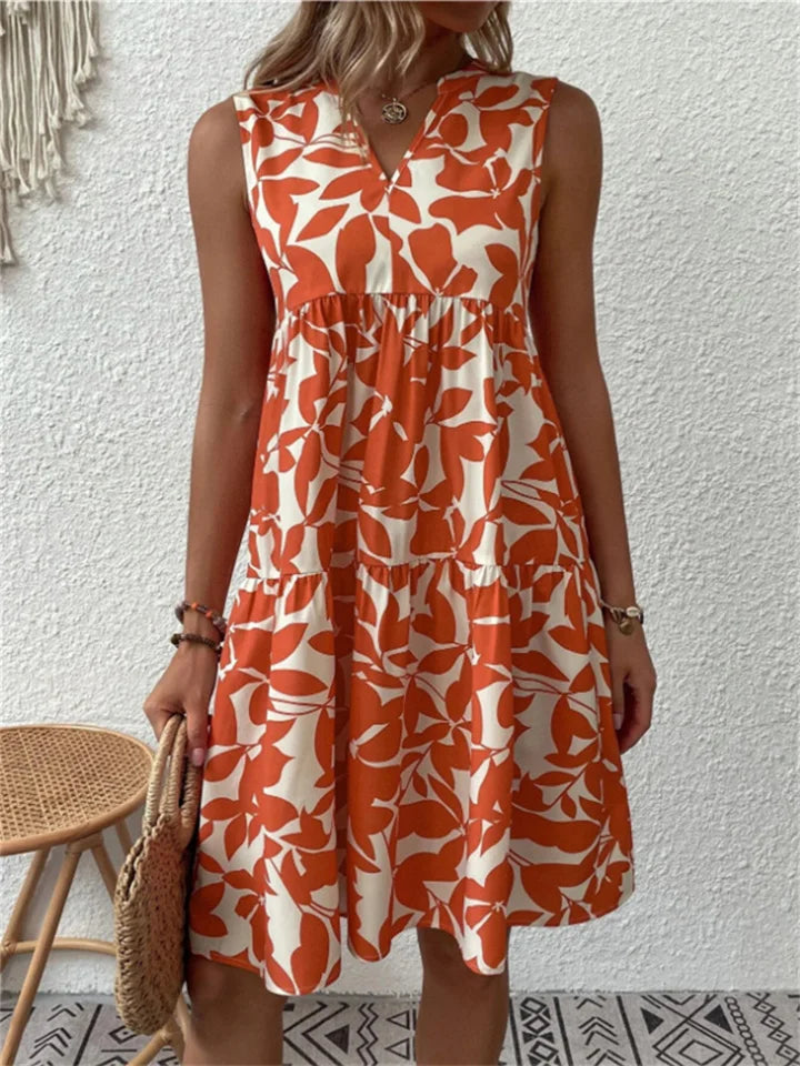 Women's romantic floral V-neck A-line dress in green, blue, orange or black