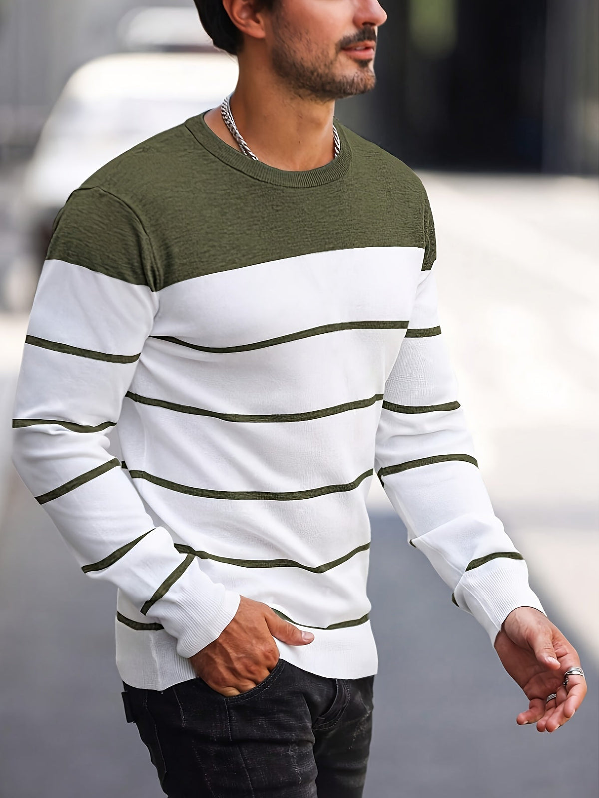 Kessoro Dark Gray striped crew neck knit sweater for men