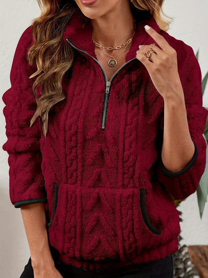 Kessoro women's plush textured half-zip pullover in burgundy, grey, pink, white, khaki, purple and blue - product view 7
