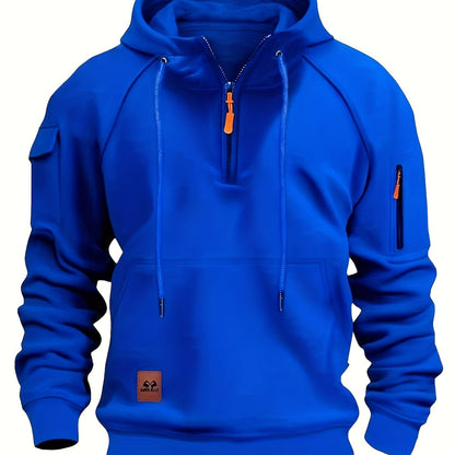Men's utility quarter-zip hoodie in black, navy, khaki and burgundy with pocket detail, close-up view