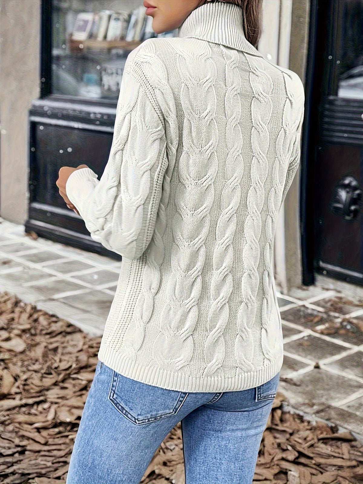 Kessoro women's cable-knit turtleneck sweater in red, black, grey, royal blue, violet, white and pink - product view 39