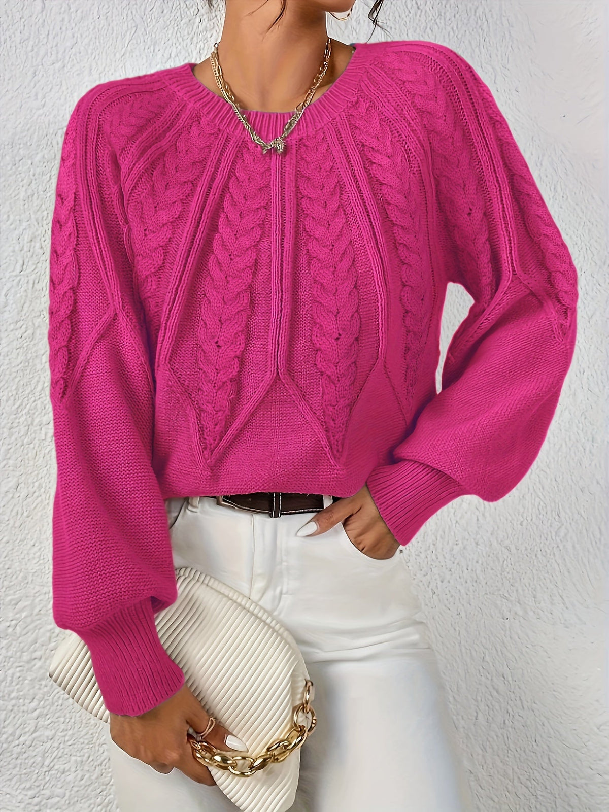 Kessoro women's cable-knit round-neck sweater in neutral and jewel-tone colourways, women's knitwear — view 3 of 23