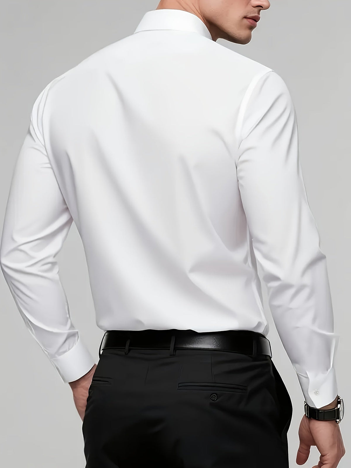Men's tailored long-sleeve button-up shirt in sky blue, light grey and white, colour option 2 back view