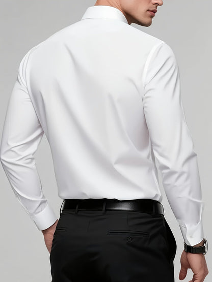 Men's tailored long-sleeve button-up shirt in sky blue, light grey and white, colour option 2 back view