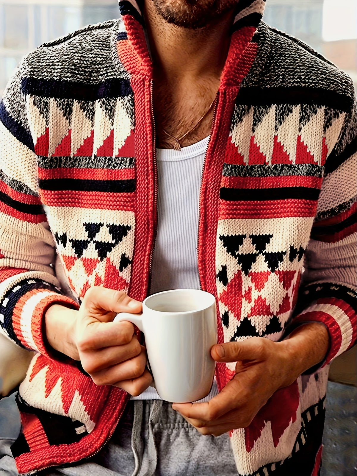 Kessoro men's patterned stand-collar zip-up knit cardigan in red