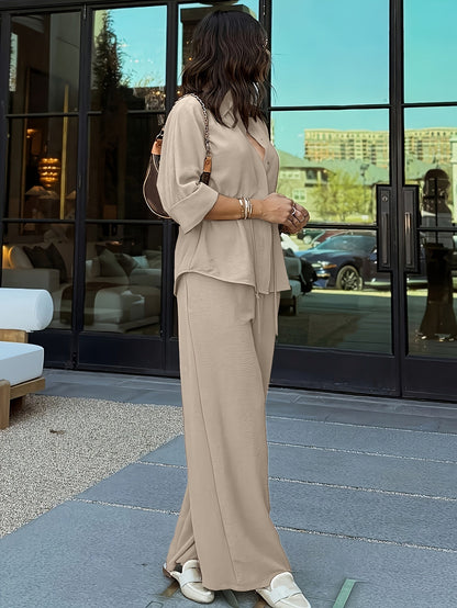 Women's relaxed lapel top and drawstring wide-leg pants set in coffee brown, burgundy, khaki and black, view 5