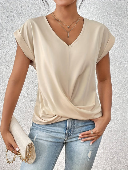 Women's twist-front V-neck top with waist-defining detail
