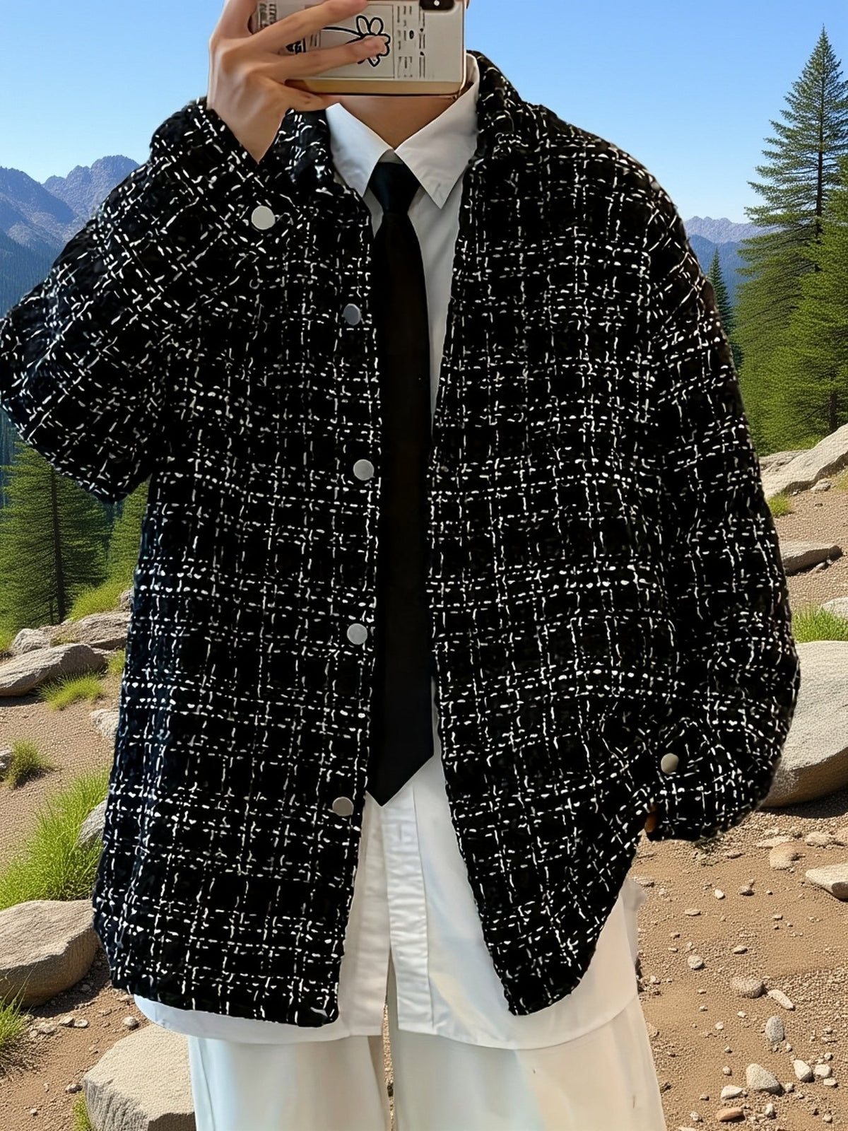 Kessoro Men's Textured Plaid Shirt Jacket in black, image 7 of 7.