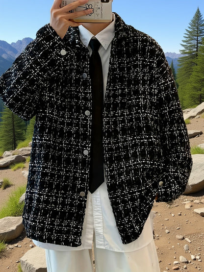 Kessoro Men's Textured Plaid Shirt Jacket in black, image 7 of 7.