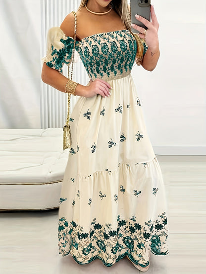 Women's off-the-shoulder smocked floral maxi dress in a multicolour print