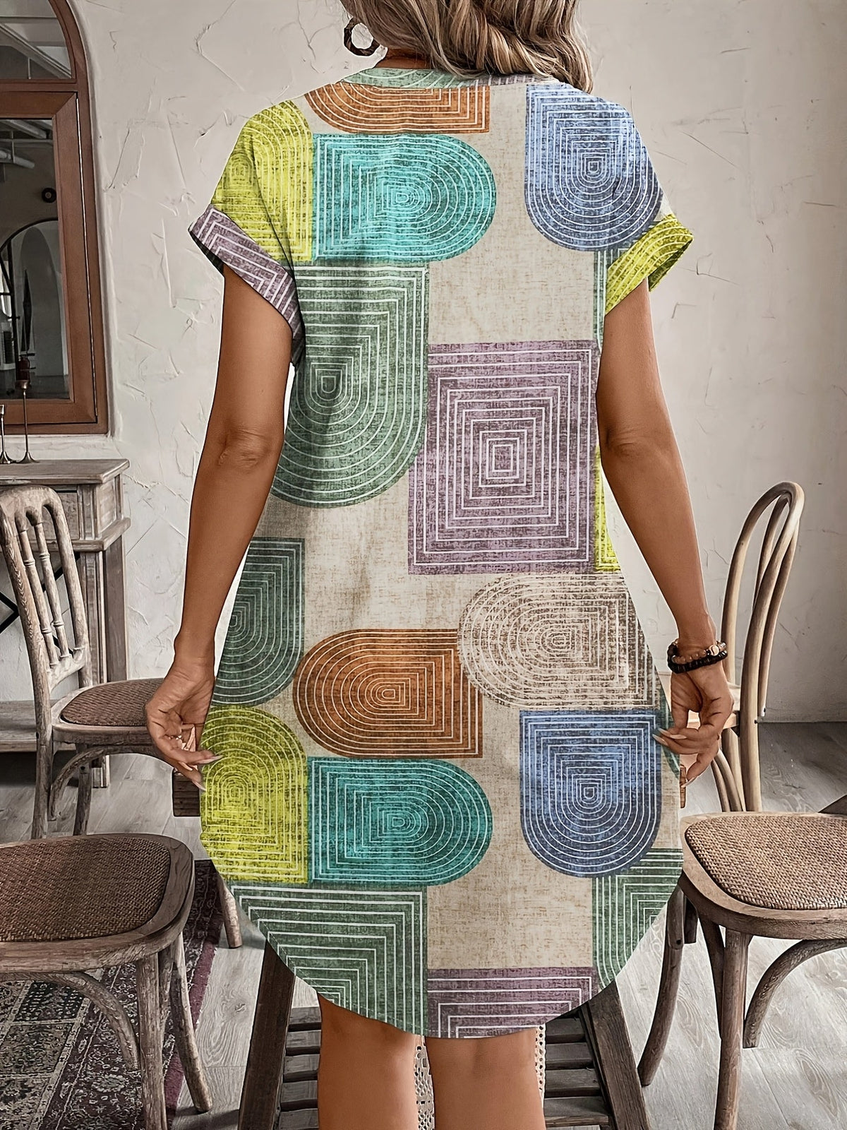 Kessoro women's retro geometric print V-neck button-front shirt dress in mixed colours