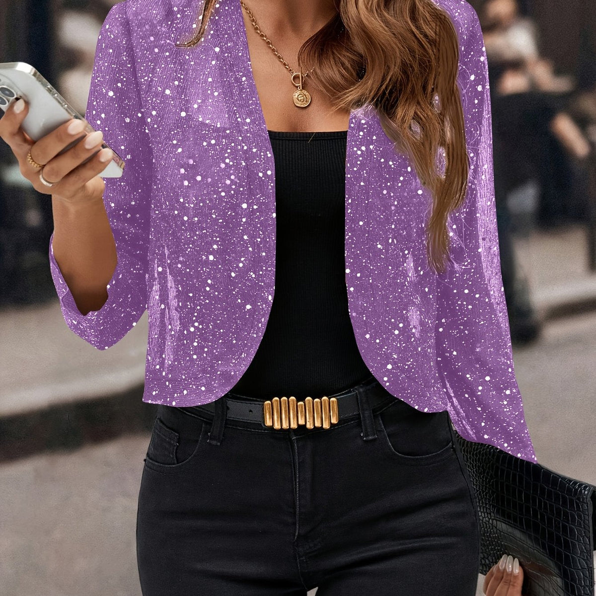 Kessoro women's shimmer cropped open-front bolero jacket in deep grey, sky blue, pink and purple
