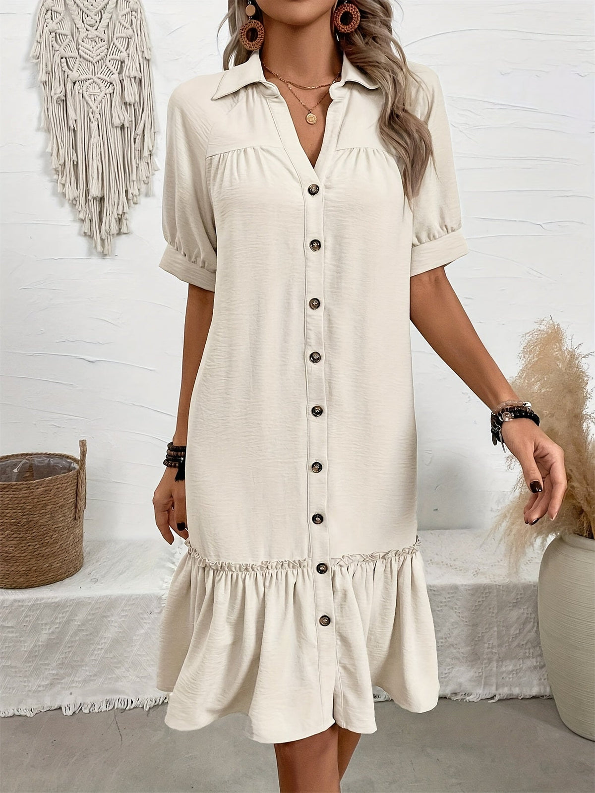 Women's button-front boho midi dress with pleated hem and rolled half sleeves
