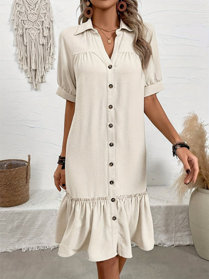 Women's button-front boho midi dress with pleated hem and rolled half sleeves